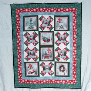 Beautiful, New, Handmade Christmas Quilt of red trucks and Christmas trees